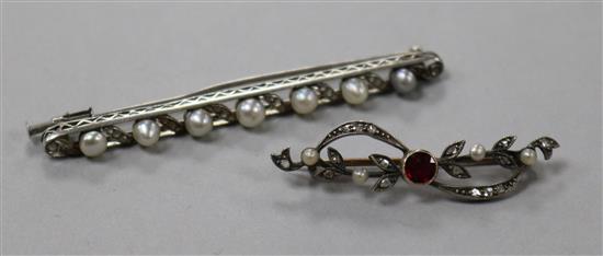 An early 20th century white metal, split pearl and rose cut diamond set bar brooch and one other yellow metal and gem set bar brooch